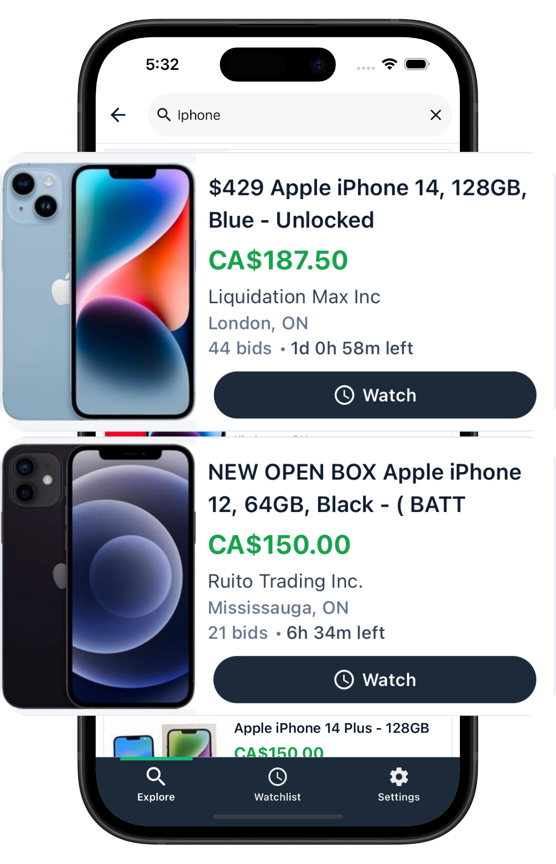 WatchBid search results for iPhone listings
