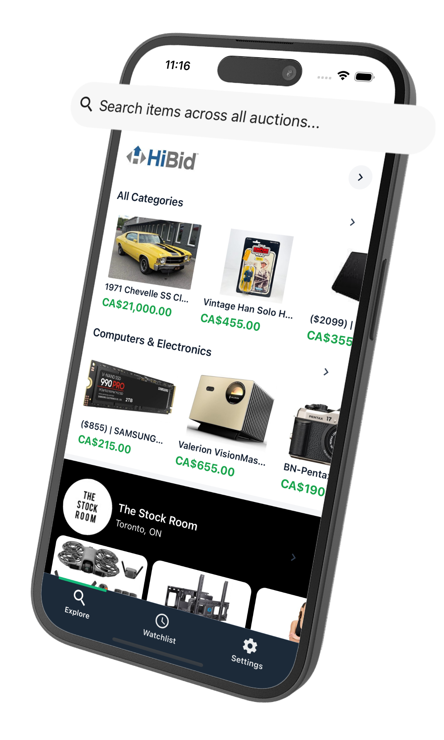 WatchBid app showing auction listings by category