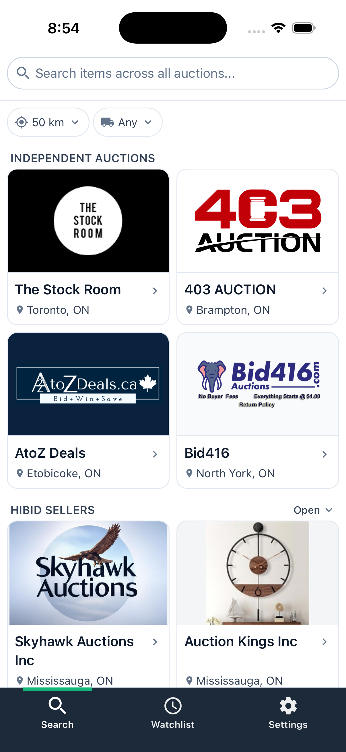WatchBid home screen showing independent auction sources