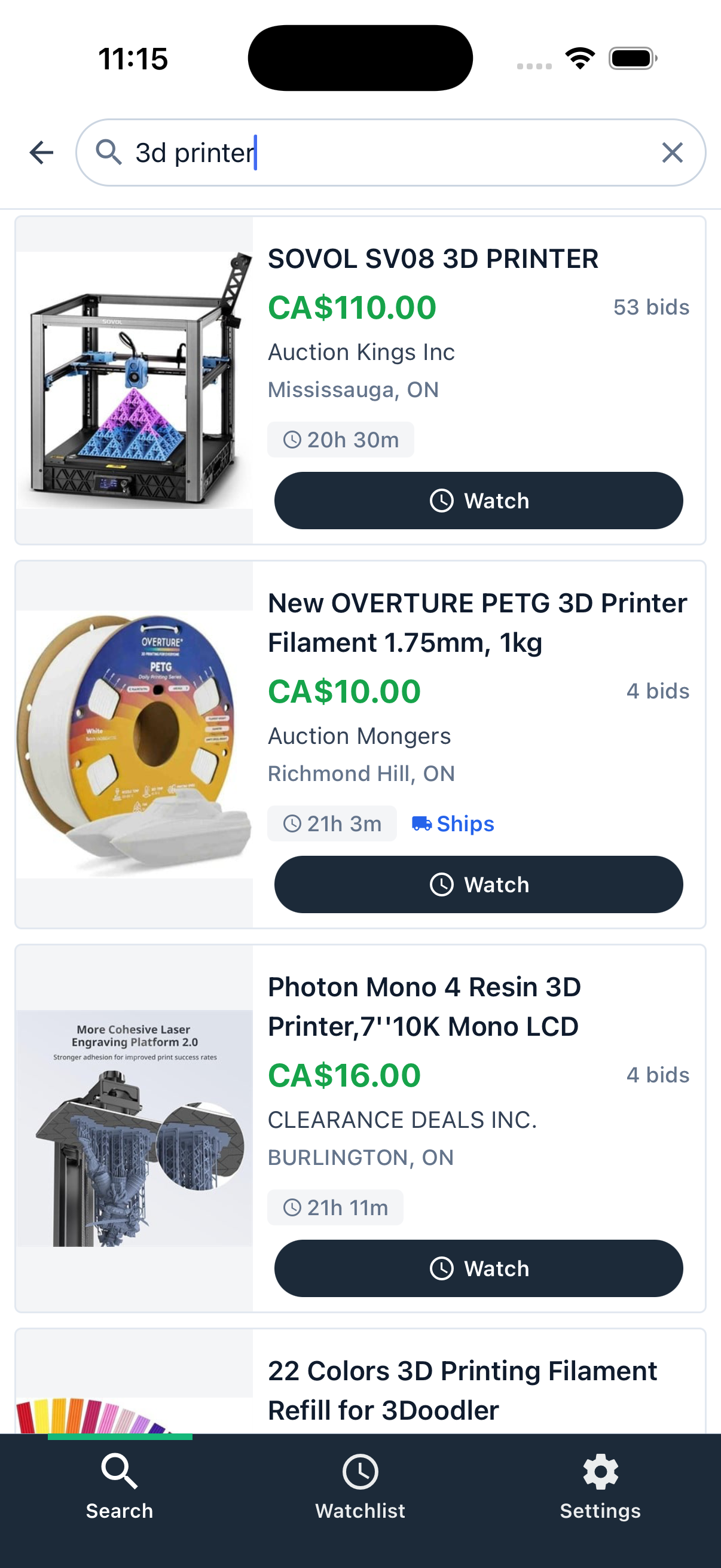 WatchBid search results screen showing auction listings for a 3D printer query