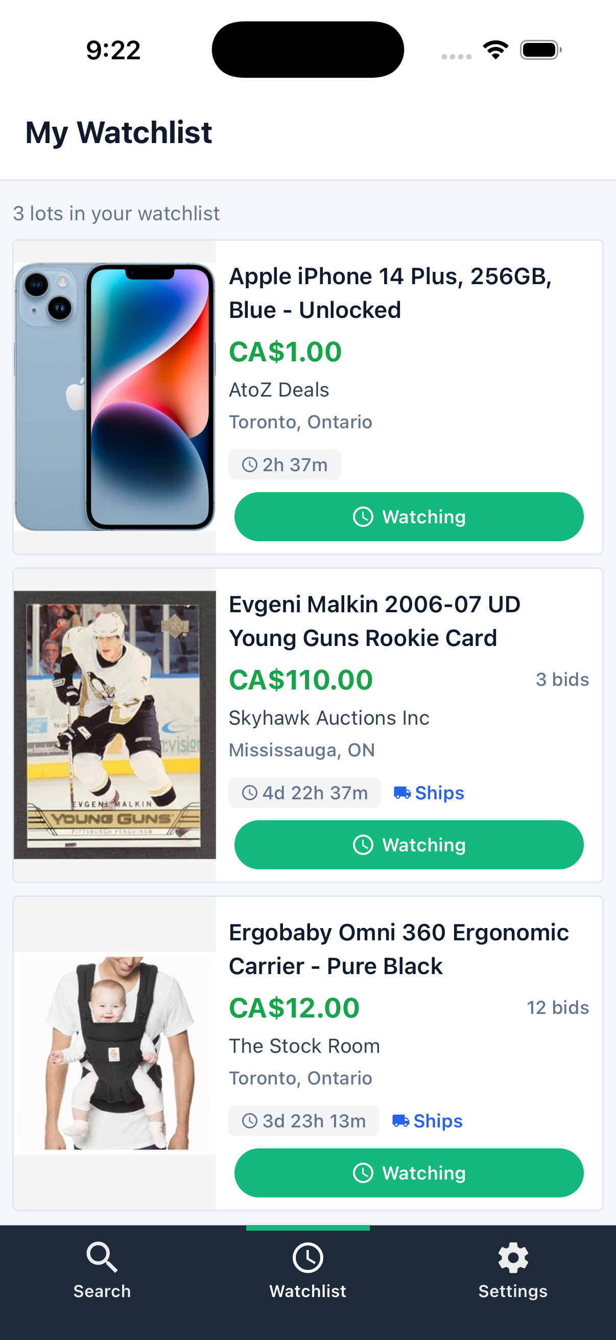 WatchBid watchlist screen with saved auction lots and countdown badges